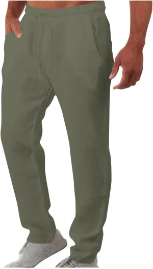 Men Linen Pants Slim Fit Cotton Casual Lightweight Elastic Waist Summer Beach Drawstring Trousers with Pockets