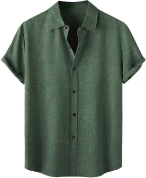 Men Linen Shirt Short Sleeve Lapel Solid Color Hawaiian Tees Shirts Vacation 2025 Casual Loose Comfy Blouses Top
