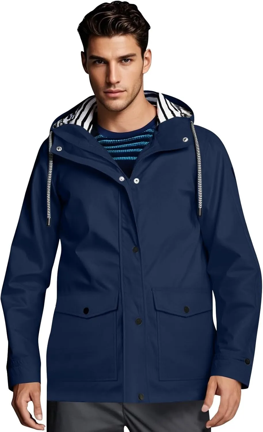 Men Waterproof Jacket Zip Up Hoodie Plus Size Long Sleeve Solid Button Windproof Outdoor Coat with Pocket