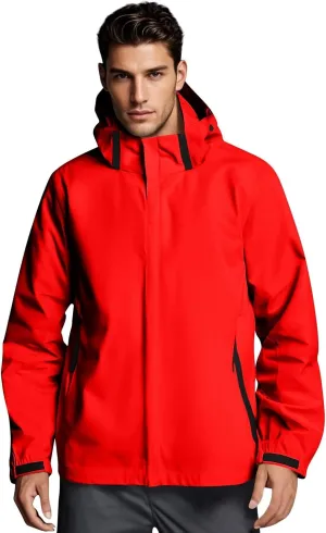 Men Waterproof Jacket Zip Up Hoodie Plus Size Long Sleeve Solid Button Windproof Outdoor Coat with Pocket