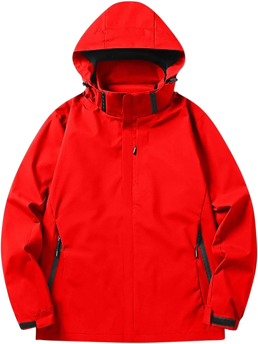 Men Waterproof Jacket Zip Up Hoodie Plus Size Long Sleeve Solid Button Windproof Outdoor Coat with Pocket