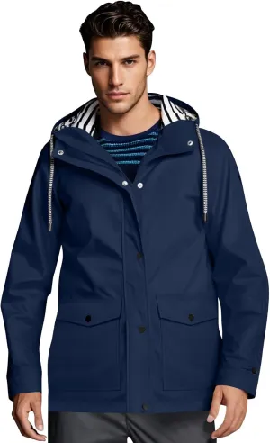 Men Waterproof Jacket Zip Up Hoodie Plus Size Long Sleeve Solid Button Windproof Outdoor Coat with Pocket