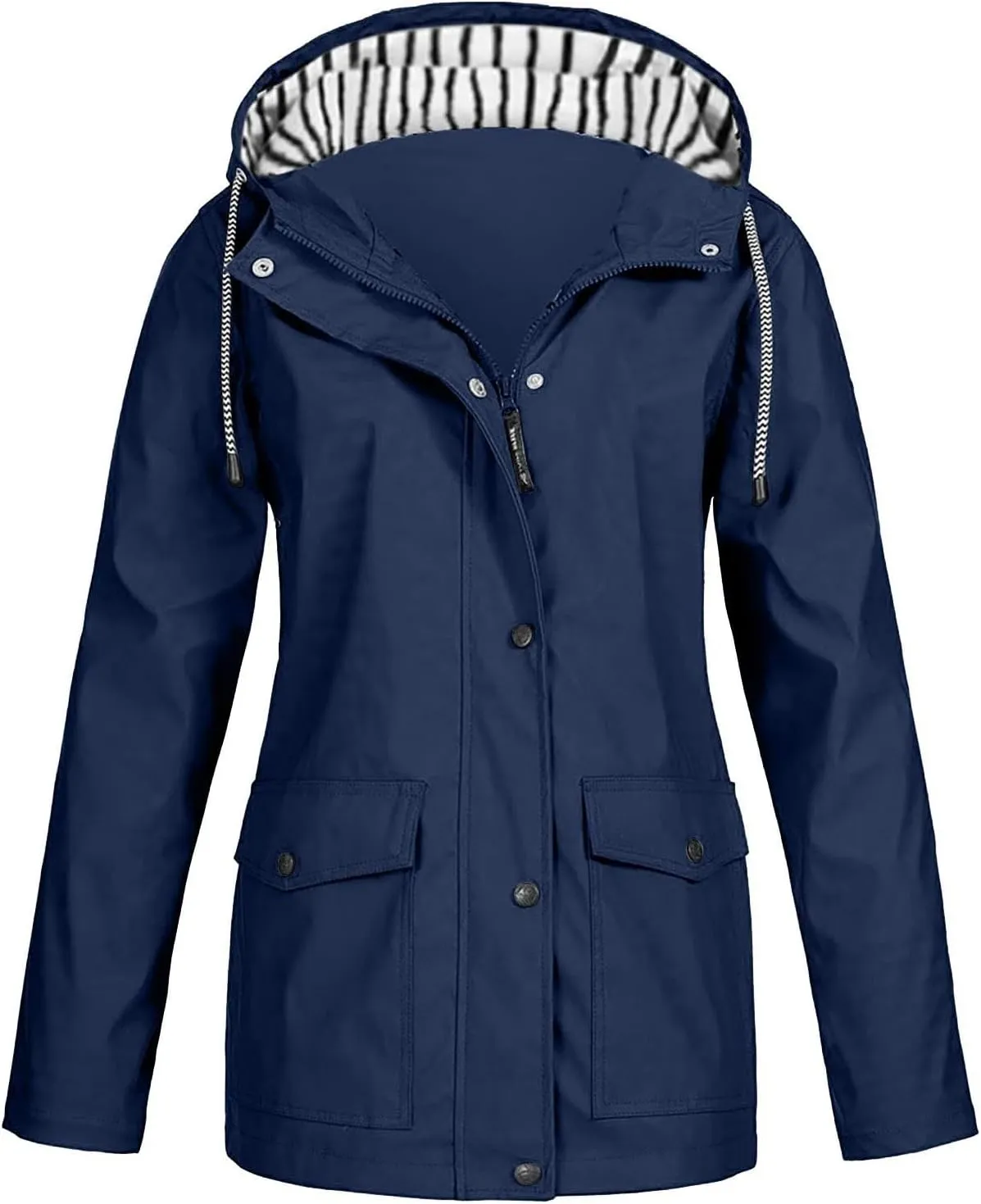 Men Waterproof Jacket Zip Up Hoodie Plus Size Long Sleeve Solid Button Windproof Outdoor Coat with Pocket