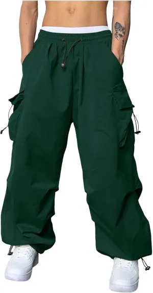 Mens Cargo Work Pant Wide Leg Casual Joggers Drawstring Waist Track Pants with Pockets