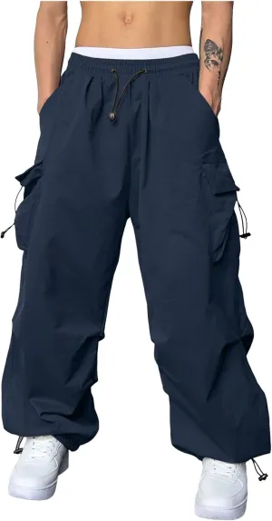 Mens Cargo Work Pant Wide Leg Casual Joggers Drawstring Waist Track Pants with Pockets