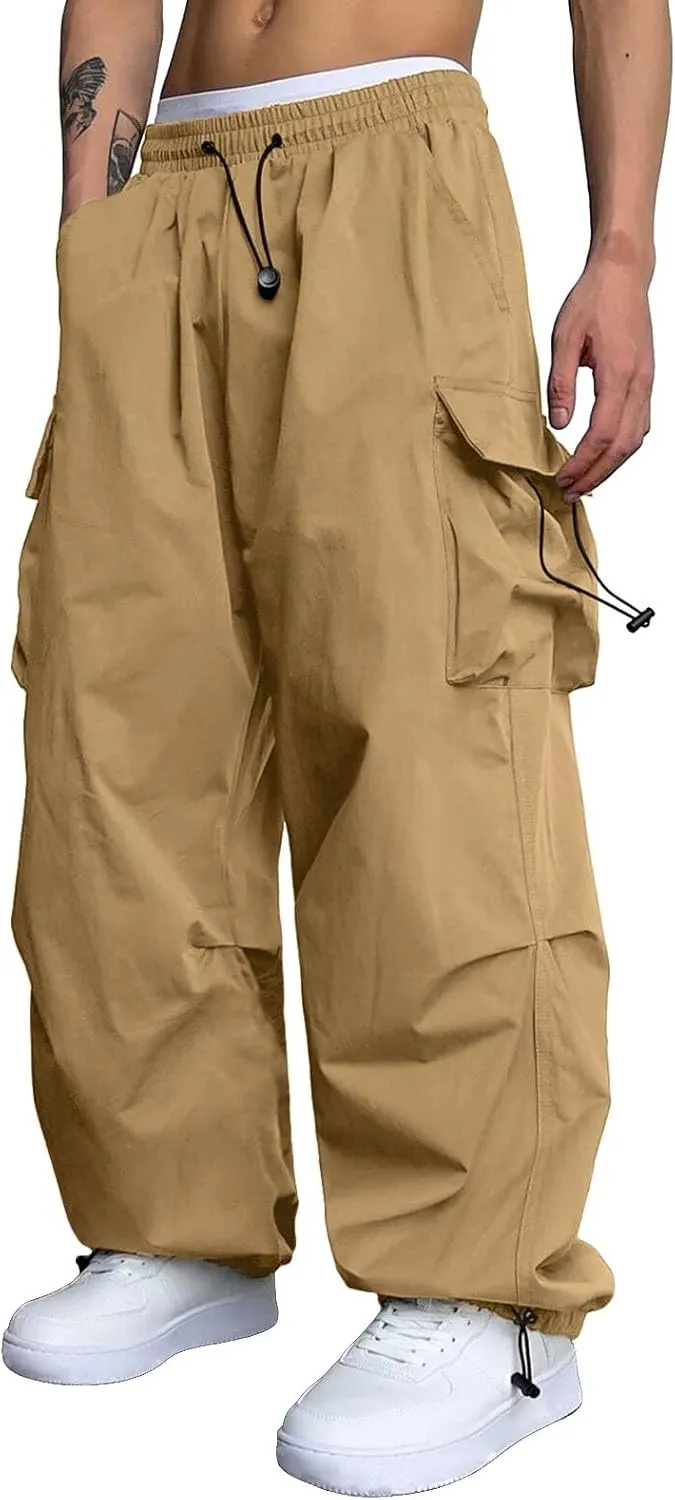 Mens Cargo Work Pant Wide Leg Casual Joggers Drawstring Waist Track Pants with Pockets