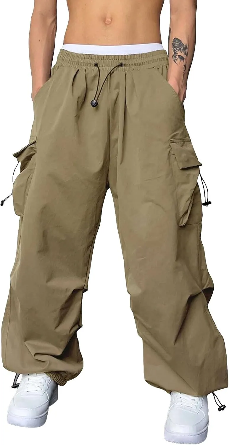 Mens Cargo Work Pant Wide Leg Casual Joggers Drawstring Waist Track Pants with Pockets
