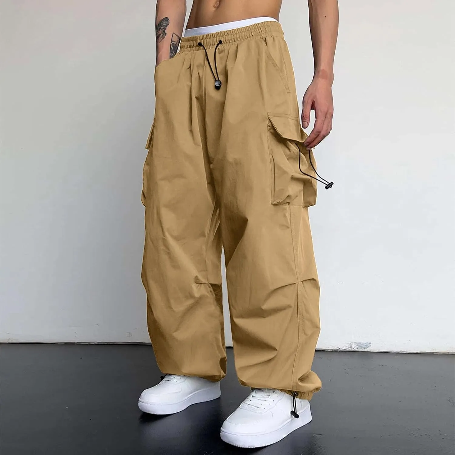 Mens Cargo Work Pant Wide Leg Casual Joggers Drawstring Waist Track Pants with Pockets