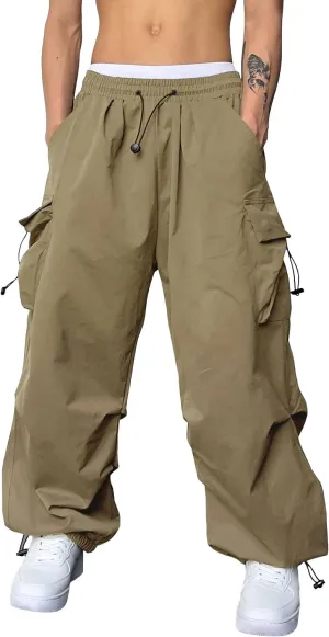 Mens Cargo Work Pant Wide Leg Casual Joggers Drawstring Waist Track Pants with Pockets