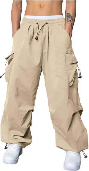 Mens Cargo Work Pant Wide Leg Casual Joggers Drawstring Waist Track Pants with Pockets