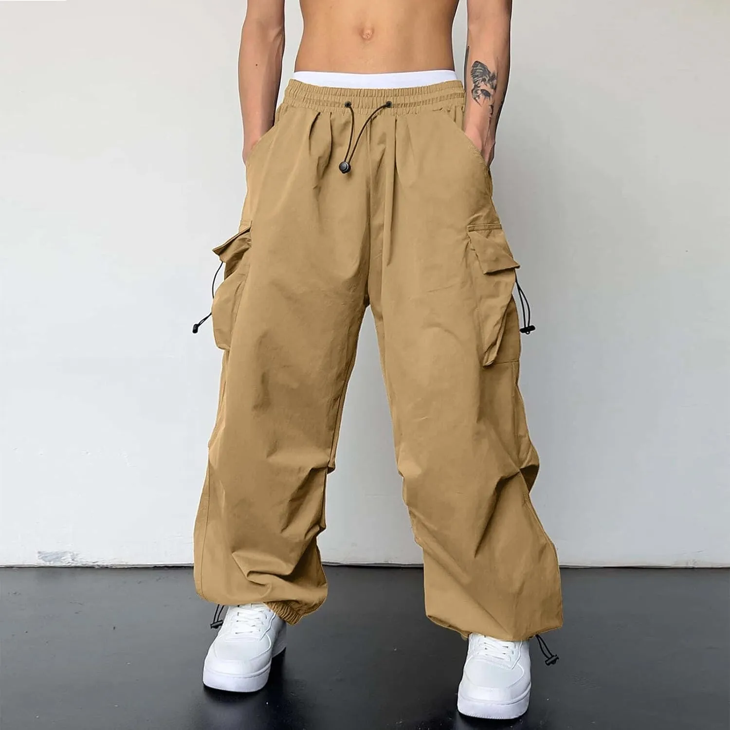 Mens Cargo Work Pant Wide Leg Casual Joggers Drawstring Waist Track Pants with Pockets