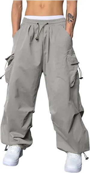 Mens Cargo Work Pant Wide Leg Casual Joggers Drawstring Waist Track Pants with Pockets