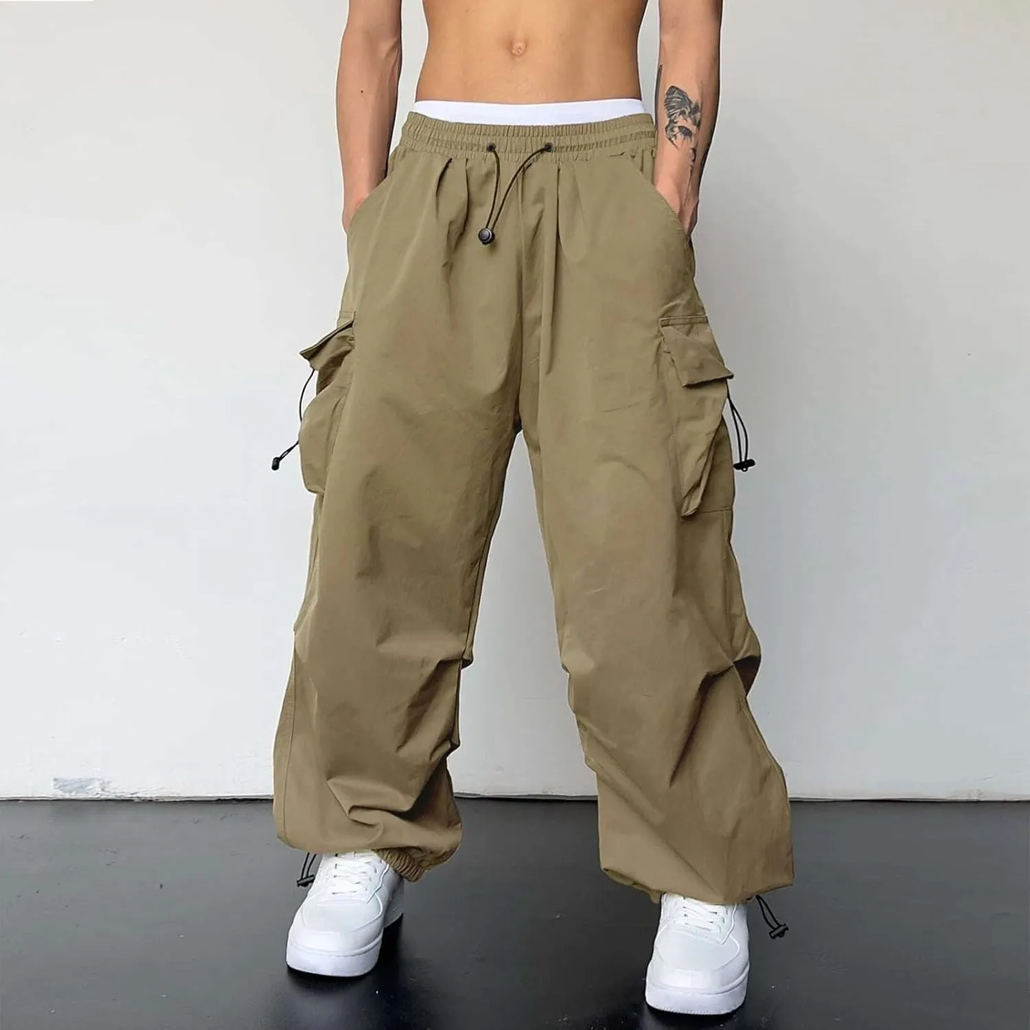 Mens Cargo Work Pant Wide Leg Casual Joggers Drawstring Waist Track Pants with Pockets