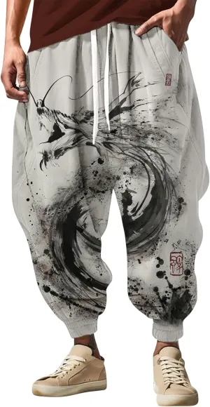 Mens Casual Harem Pants Men's Autumn Fun Print Fashion Street Feel Casual Elastic Waist Drawstring Hippie Trousers