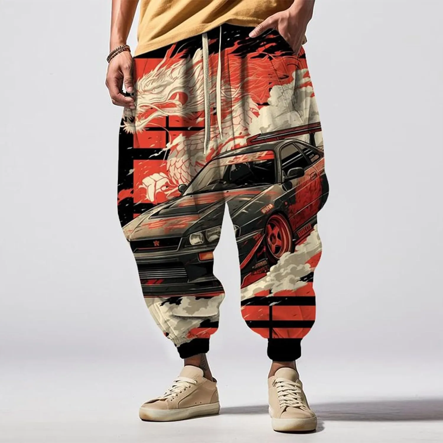 Mens Casual Harem Pants Men's Autumn Fun Print Fashion Street Feel Casual Elastic Waist Drawstring Hippie Trousers