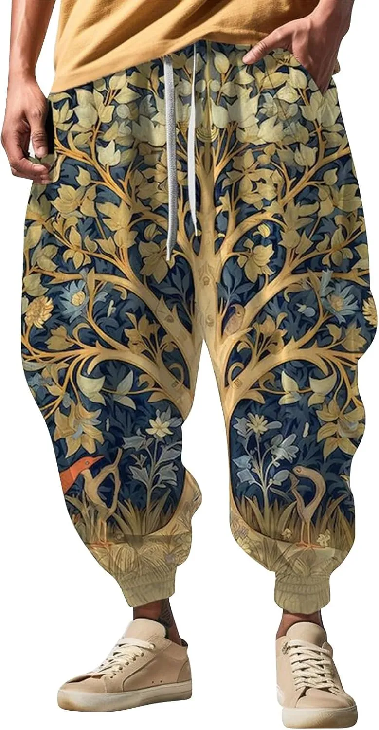 Mens Casual Harem Pants Men's Autumn Fun Print Fashion Street Feel Casual Elastic Waist Drawstring Hippie Trousers