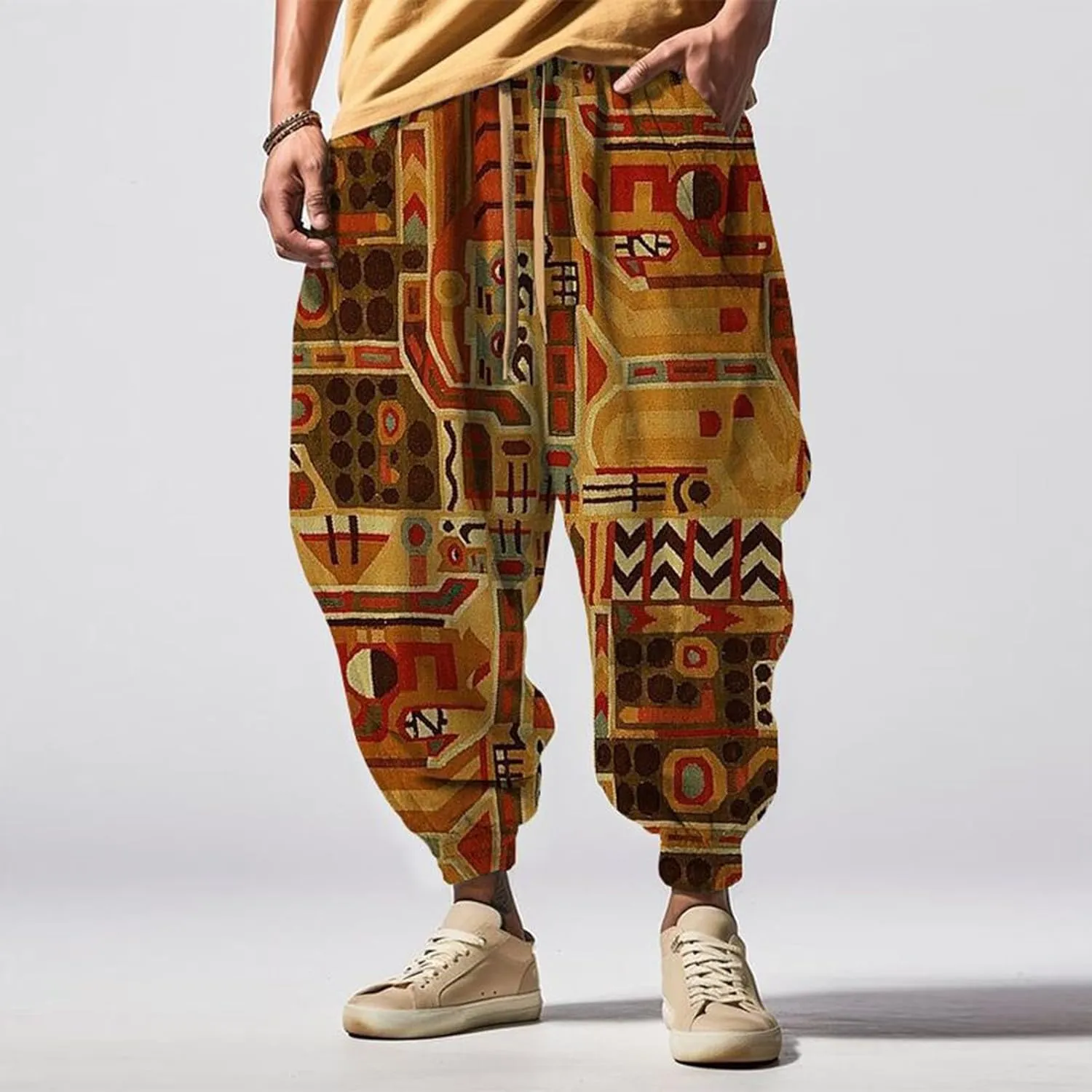 Mens Casual Harem Pants Men's Autumn Fun Print Fashion Street Feel Casual Elastic Waist Drawstring Hippie Trousers
