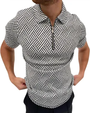 Men's Classic Short Sleeve Polo Shirt Zip Up Casual Summer Slim Fit T-Shirts Striped Graphic Printed Tops Beach Tees