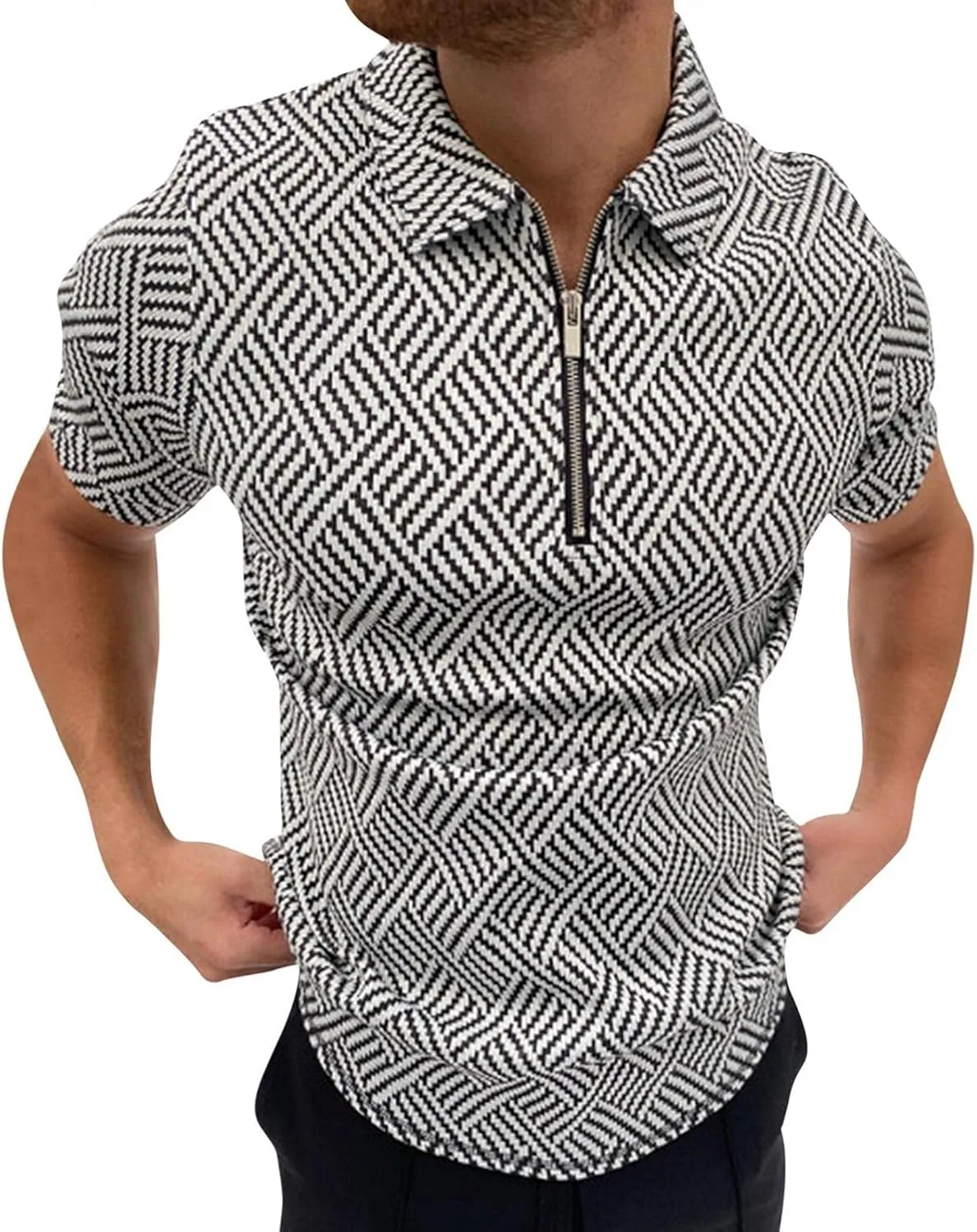 Men's Classic Short Sleeve Polo Shirt Zip Up Casual Summer Slim Fit T-Shirts Striped Graphic Printed Tops Beach Tees