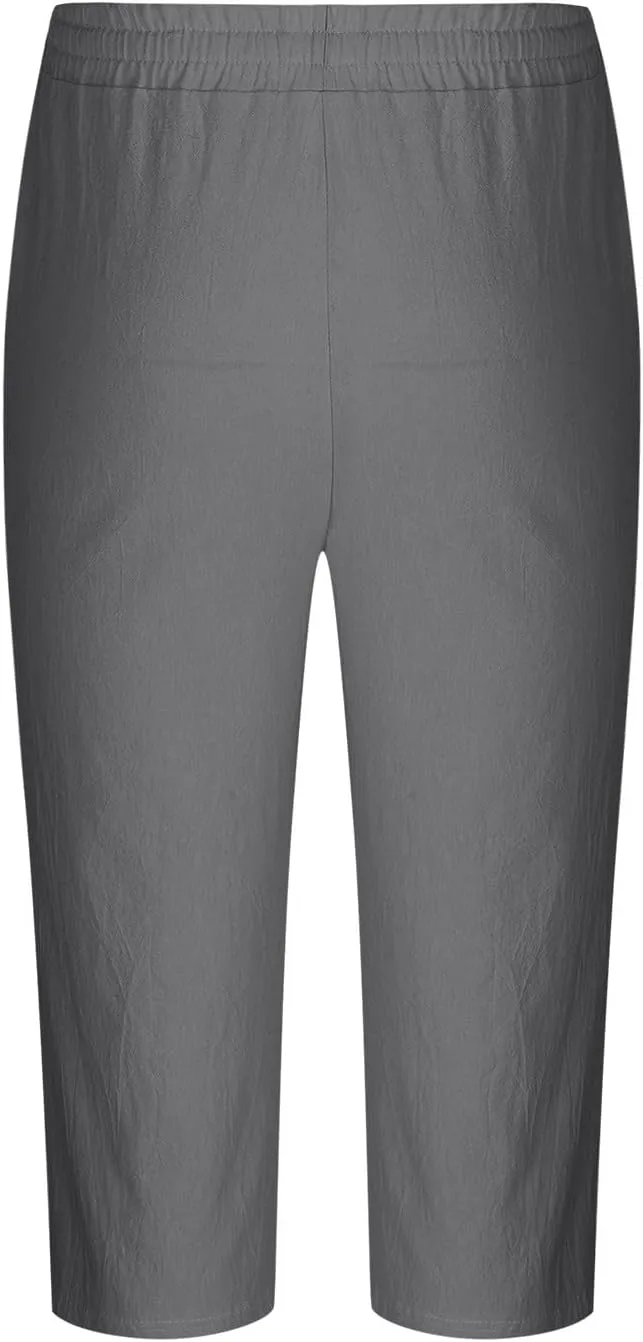 Men's Cotton Linen Cropped Trousers Mens Drawstring High Waist Capris Pants 3/4 Elasticated Waist Sweatpants