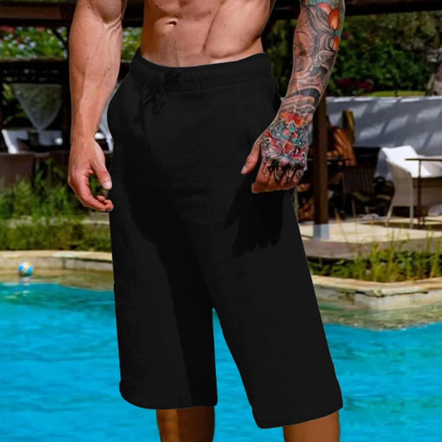 Men's Cotton Linen Cropped Trousers Mens Drawstring High Waist Capris Pants 3/4 Elasticated Waist Sweatpants