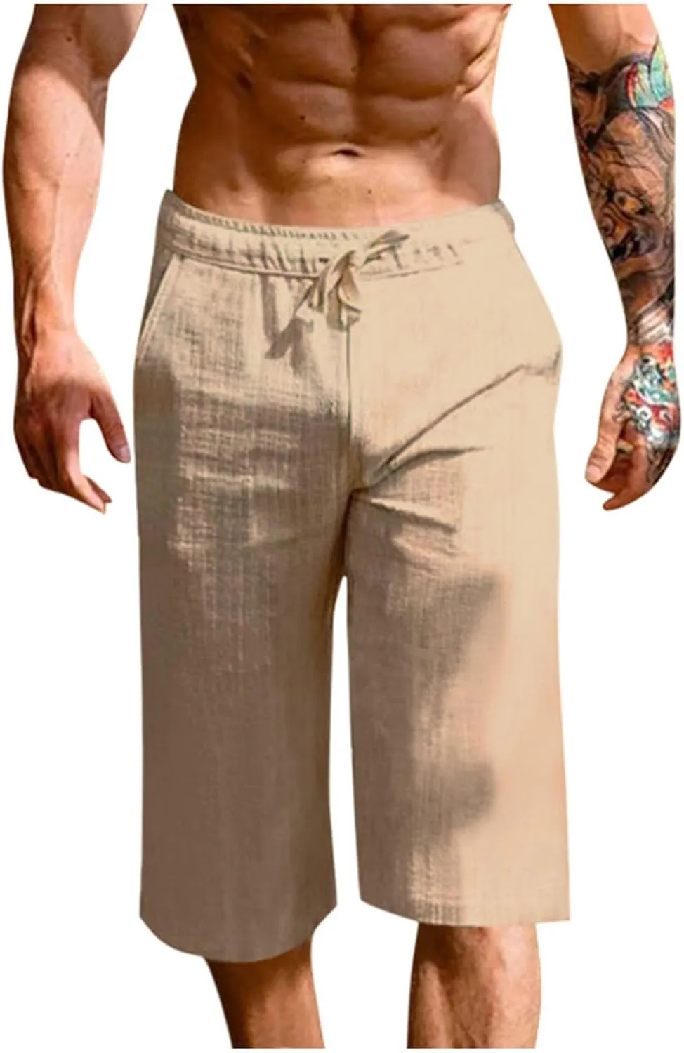 Men's Cotton Linen Cropped Trousers Mens Drawstring High Waist Capris Pants 3/4 Elasticated Waist Sweatpants