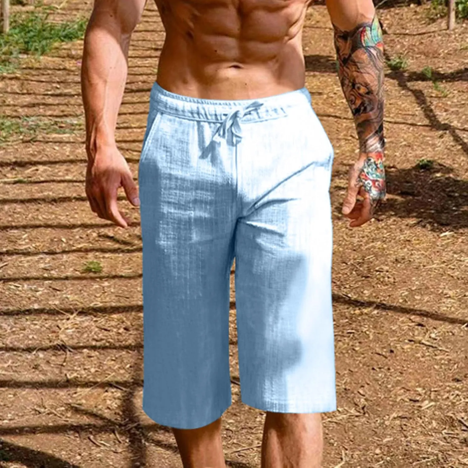 Men's Cotton Linen Cropped Trousers Mens Drawstring High Waist Capris Pants 3/4 Elasticated Waist Sweatpants