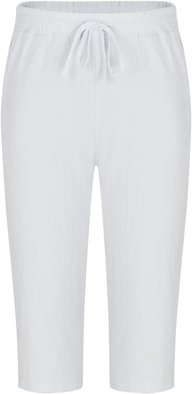 Men's Cotton Linen Cropped Trousers Mens Drawstring High Waist Capris Pants 3/4 Elasticated Waist Sweatpants