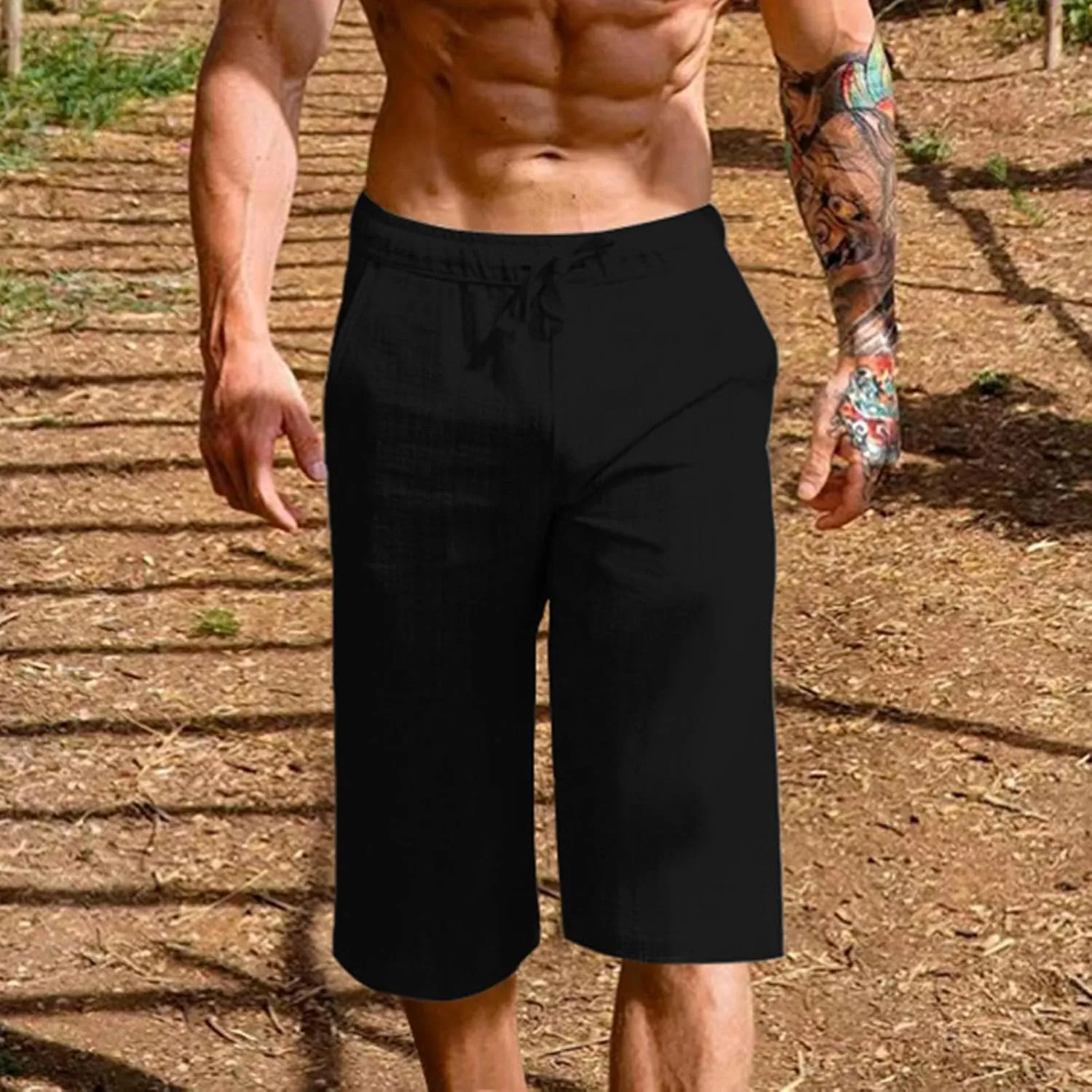 Men's Cotton Linen Cropped Trousers Mens Drawstring High Waist Capris Pants 3/4 Elasticated Waist Sweatpants