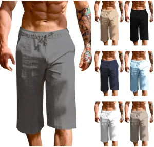 Men's Cotton Linen Cropped Trousers Mens Drawstring High Waist Capris Pants 3/4 Elasticated Waist Sweatpants