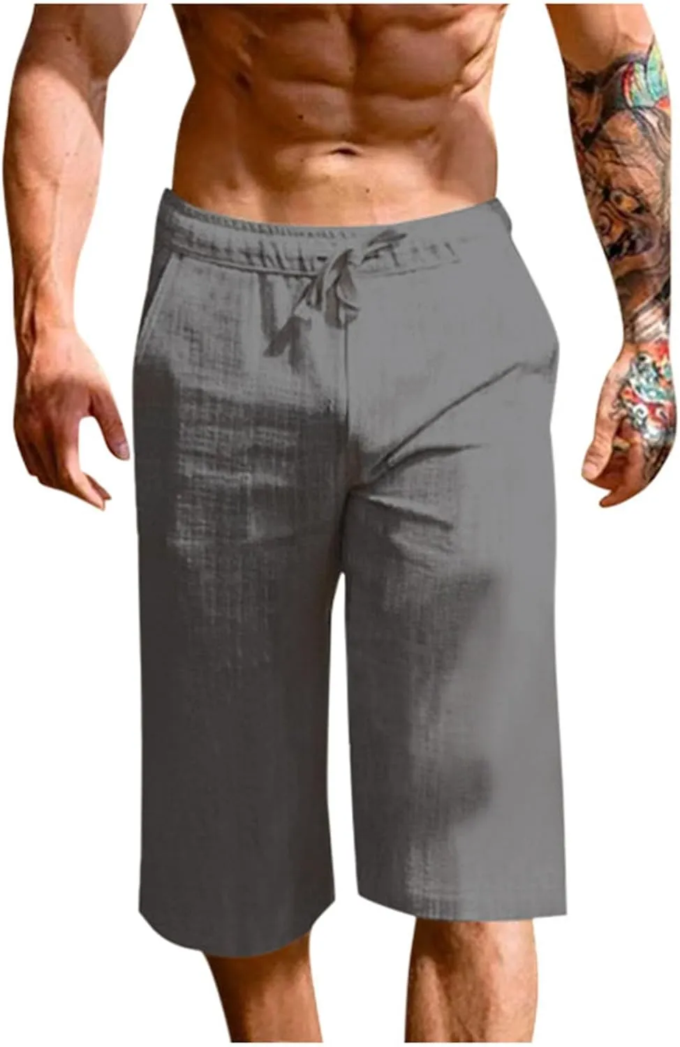 Men's Cotton Linen Cropped Trousers Mens Drawstring High Waist Capris Pants 3/4 Elasticated Waist Sweatpants