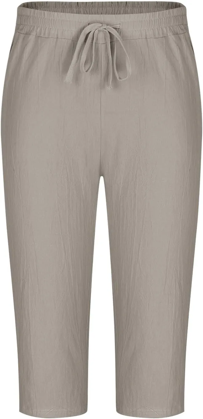 Men's Cotton Linen Cropped Trousers Mens Drawstring High Waist Capris Pants 3/4 Elasticated Waist Sweatpants