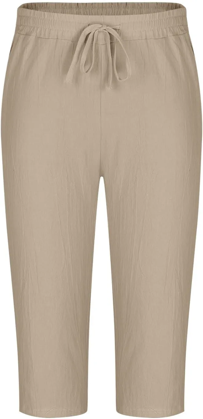 Men's Cotton Linen Cropped Trousers Mens Drawstring High Waist Capris Pants 3/4 Elasticated Waist Sweatpants