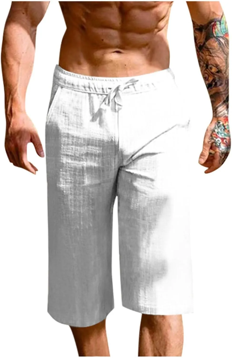 Men's Cotton Linen Cropped Trousers Mens Drawstring High Waist Capris Pants 3/4 Elasticated Waist Sweatpants