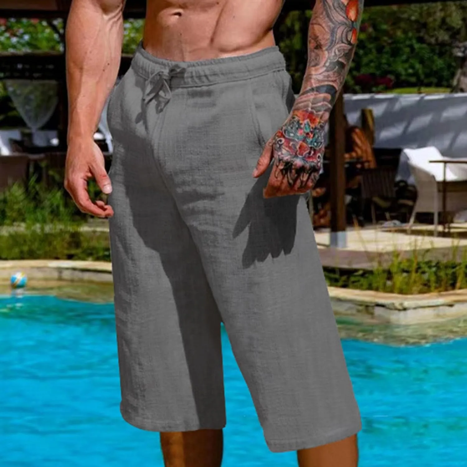Men's Cotton Linen Cropped Trousers Mens Drawstring High Waist Capris Pants 3/4 Elasticated Waist Sweatpants