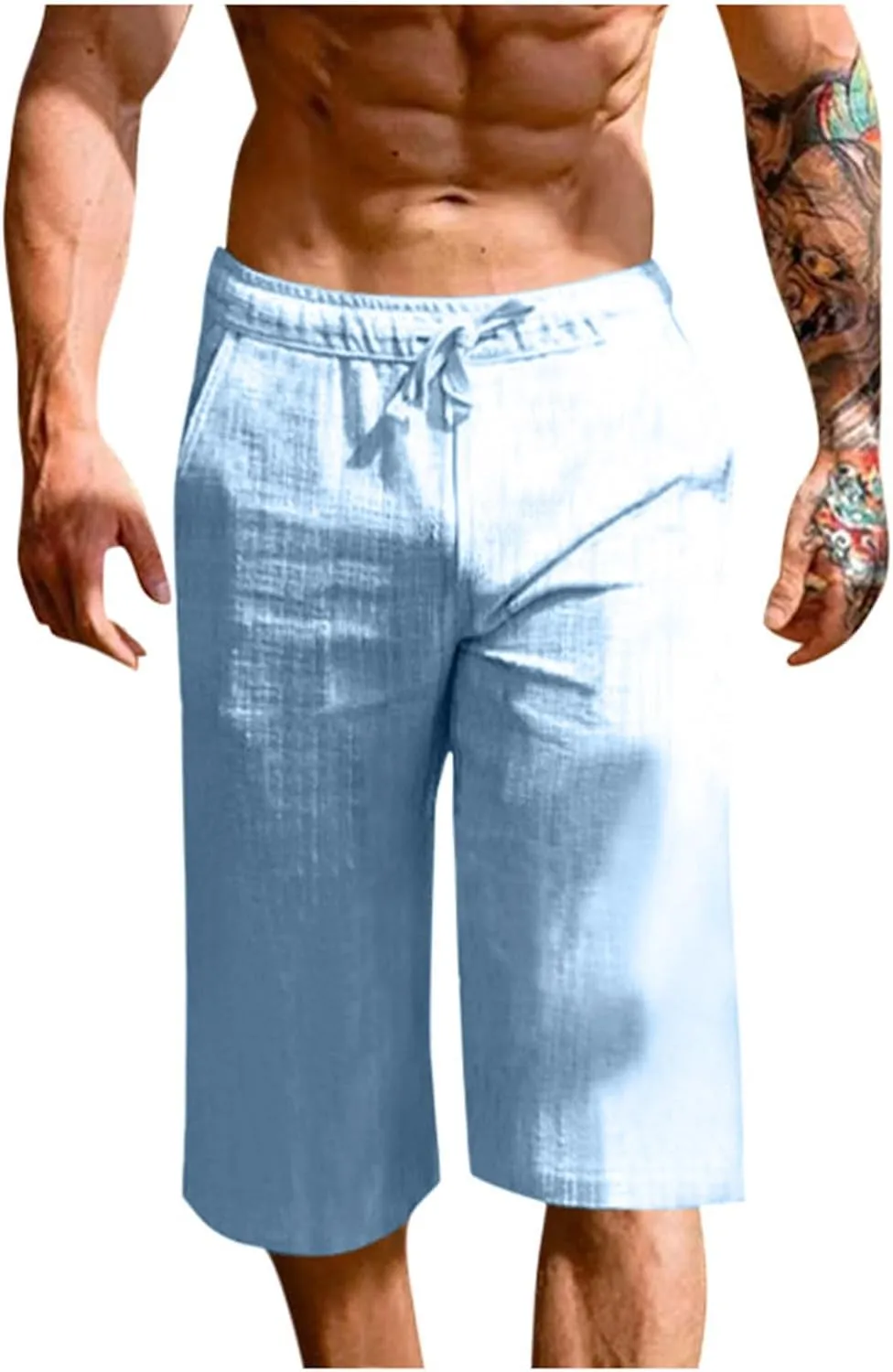 Men's Cotton Linen Cropped Trousers Mens Drawstring High Waist Capris Pants 3/4 Elasticated Waist Sweatpants