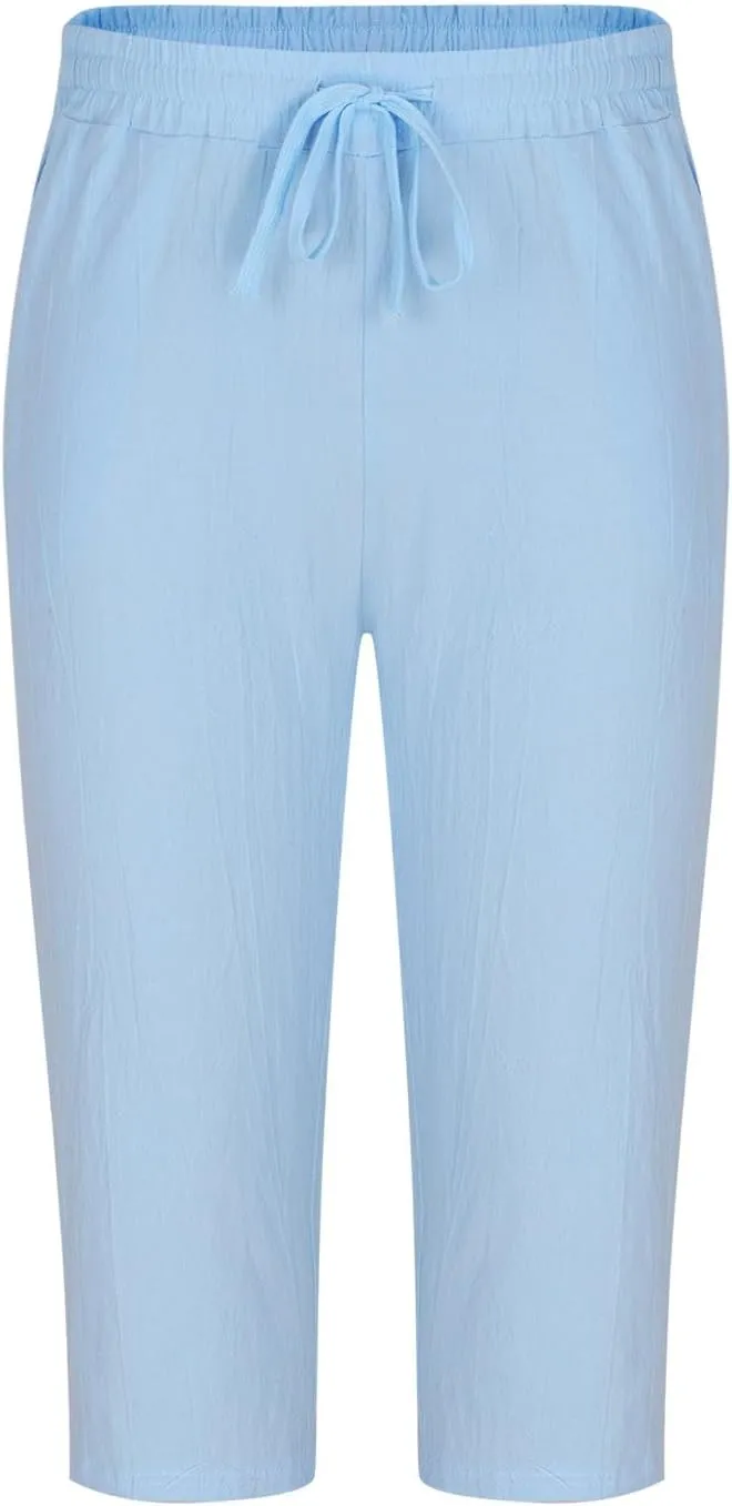 Men's Cotton Linen Cropped Trousers Mens Drawstring High Waist Capris Pants 3/4 Elasticated Waist Sweatpants
