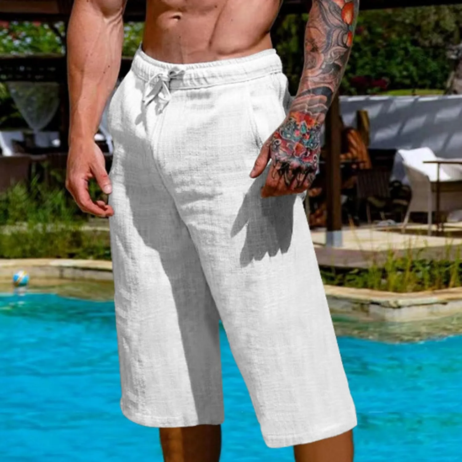 Men's Cotton Linen Cropped Trousers Mens Drawstring High Waist Capris Pants 3/4 Elasticated Waist Sweatpants