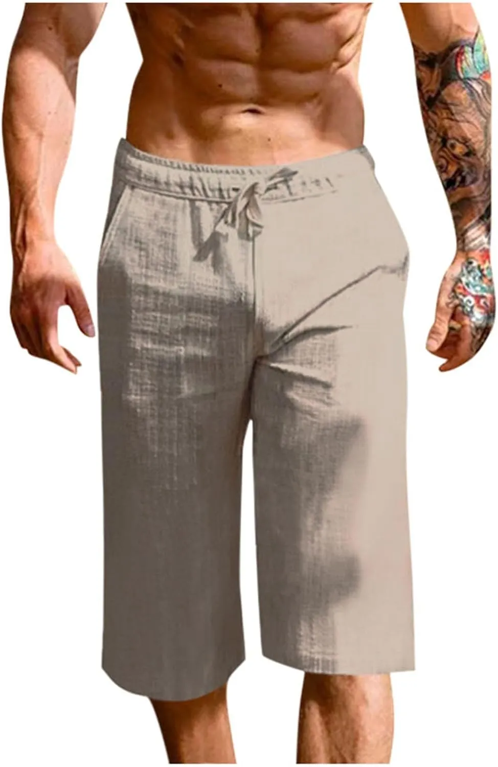 Men's Cotton Linen Cropped Trousers Mens Drawstring High Waist Capris Pants 3/4 Elasticated Waist Sweatpants