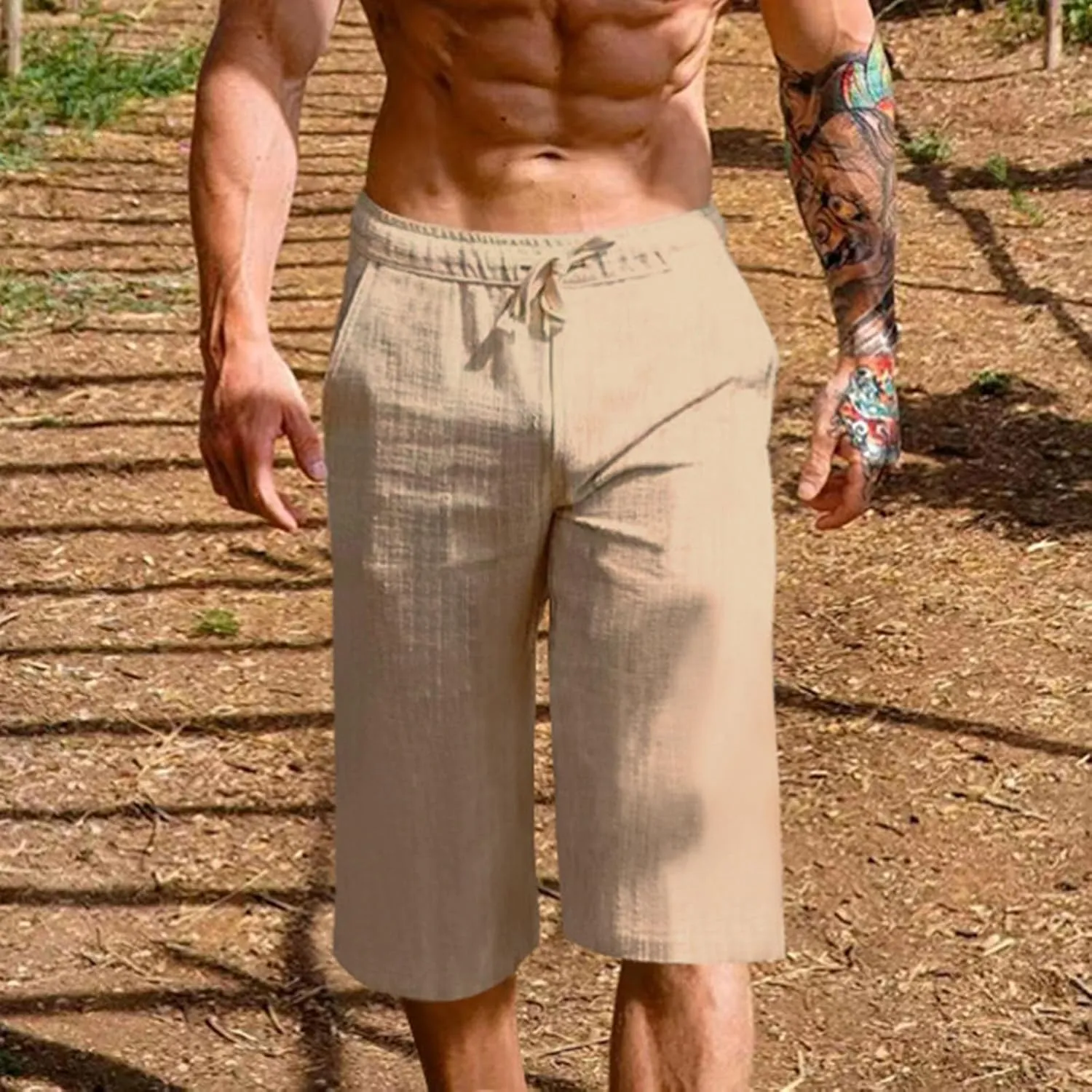 Men's Cotton Linen Cropped Trousers Mens Drawstring High Waist Capris Pants 3/4 Elasticated Waist Sweatpants