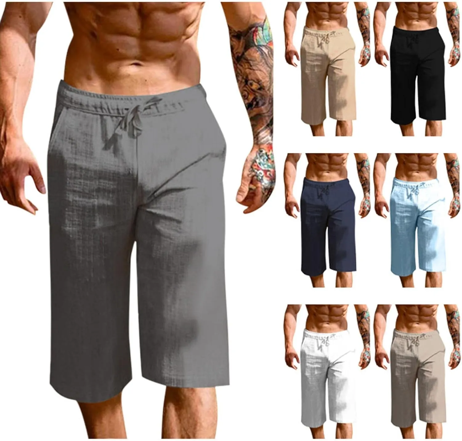 Men's Cotton Linen Cropped Trousers Mens Drawstring High Waist Capris Pants 3/4 Elasticated Waist Sweatpants