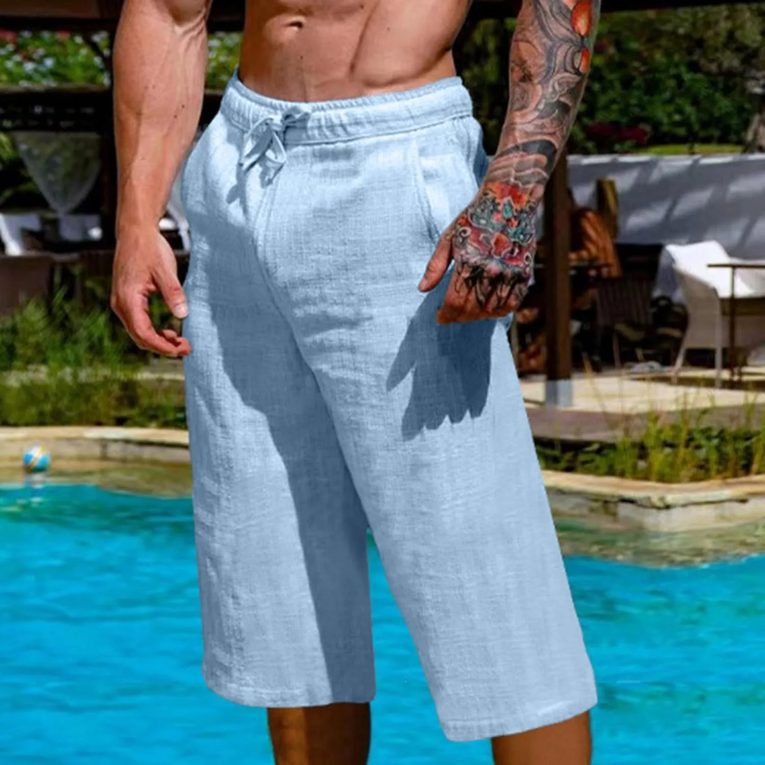 Men's Cotton Linen Cropped Trousers Mens Drawstring High Waist Capris Pants 3/4 Elasticated Waist Sweatpants