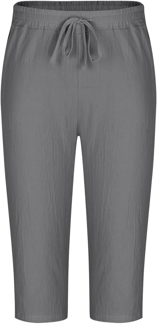 Men's Cotton Linen Cropped Trousers Mens Drawstring High Waist Capris Pants 3/4 Elasticated Waist Sweatpants