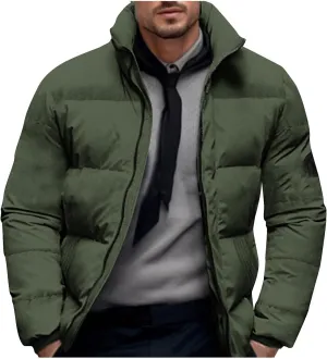 Men's Cotton Padded Puffer Jacket Winter Warm Down Coats Stand Collar Waterproof Outerwear with Pockets