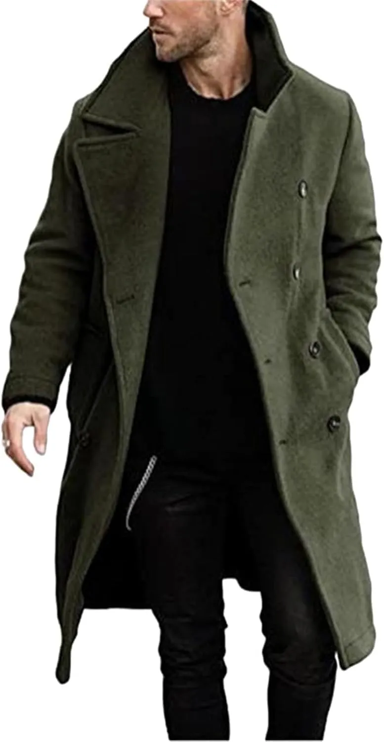 Mens Double Breasted Long Trench Coat Casual Lapel Collar Business Winter Overcoats Jackets Cardigans Outwear