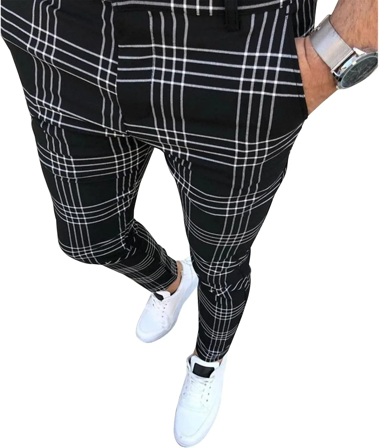 Men's Fashion Stretch Dress Pants Slim Fit Plaid Pants Business Suit Pants Casual Golf Pants