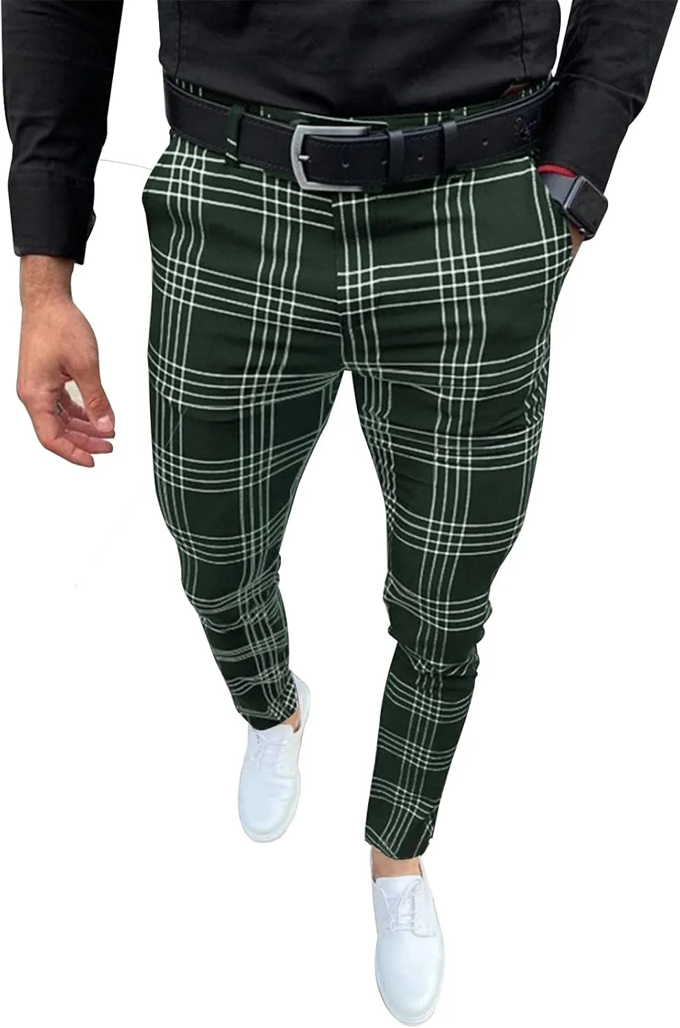 Men's Fashion Stretch Dress Pants Slim Fit Plaid Pants Business Suit Pants Casual Golf Pants