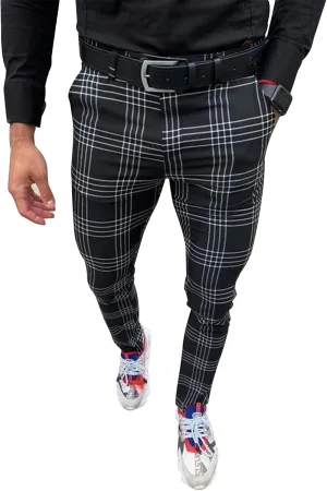 Men's Fashion Stretch Dress Pants Slim Fit Plaid Pants Business Suit Pants Casual Golf Pants
