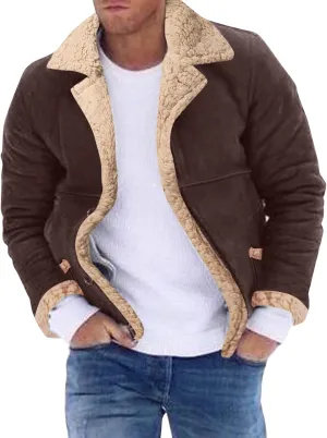 Mens Faux Leather Jacket Cozy Sherpa Fleece Lined Bomber Jackets Winter Coat Heavyweight Suede Faux Fur Trench Coat