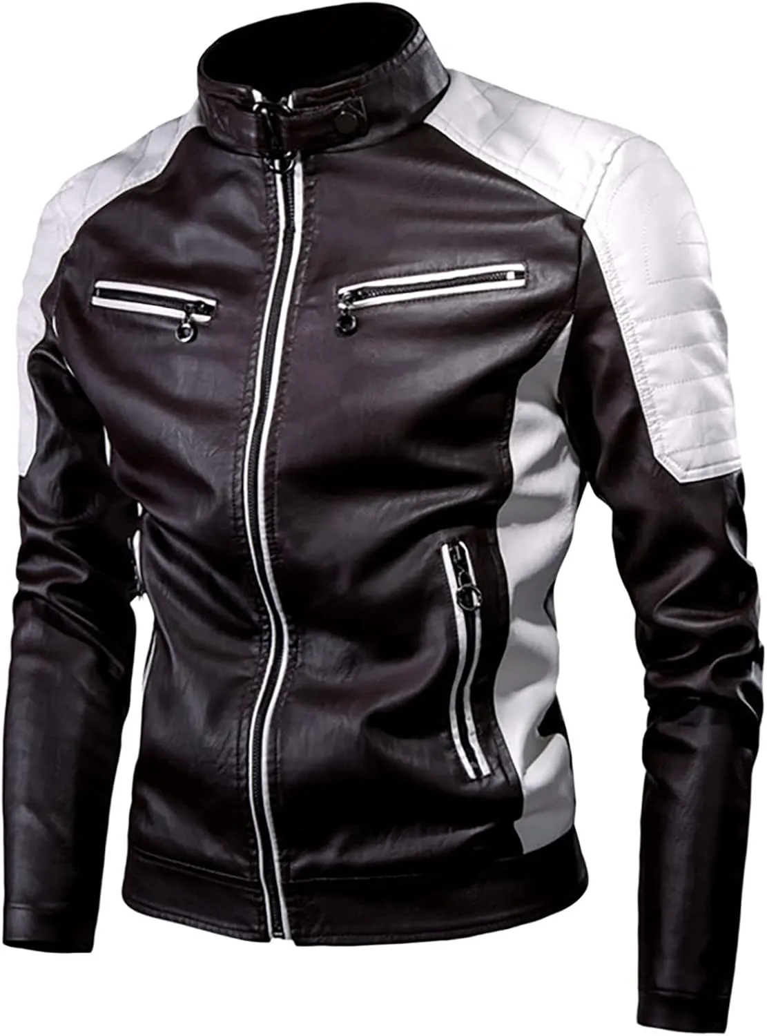 Men's Faux Leather Jacket Stand Collar Motorcycle Leather Jackets Casual Lightweight Zip Up Biker Coat